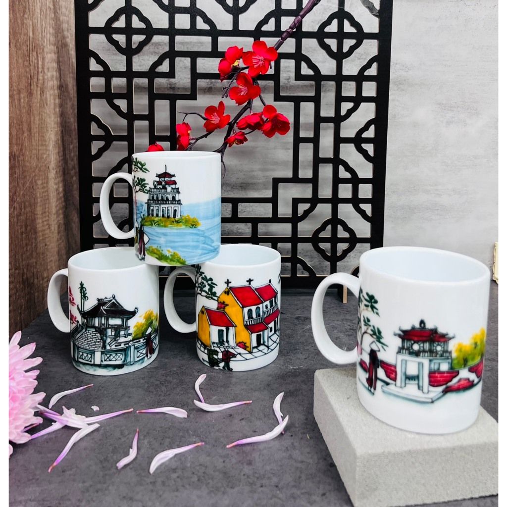  [Gốm Sứ Bát Tràng] Cốc vẽ tay hình phong cảnh Hà Nội Dáng C siêu đẹp 