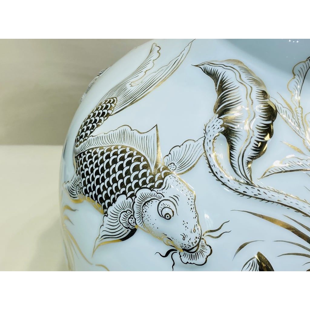  [HÀNG NGHỆ NHÂN]-Bình hút lộc Bát Tràng đắp nổi vẽ vàng họa tiết lí ngư 