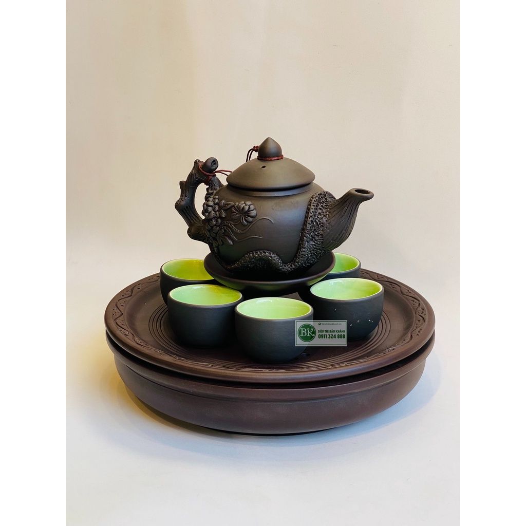 Bộ ấm chén tử sa lòng xanh đắp nổi xuất xứ Bát Tràng