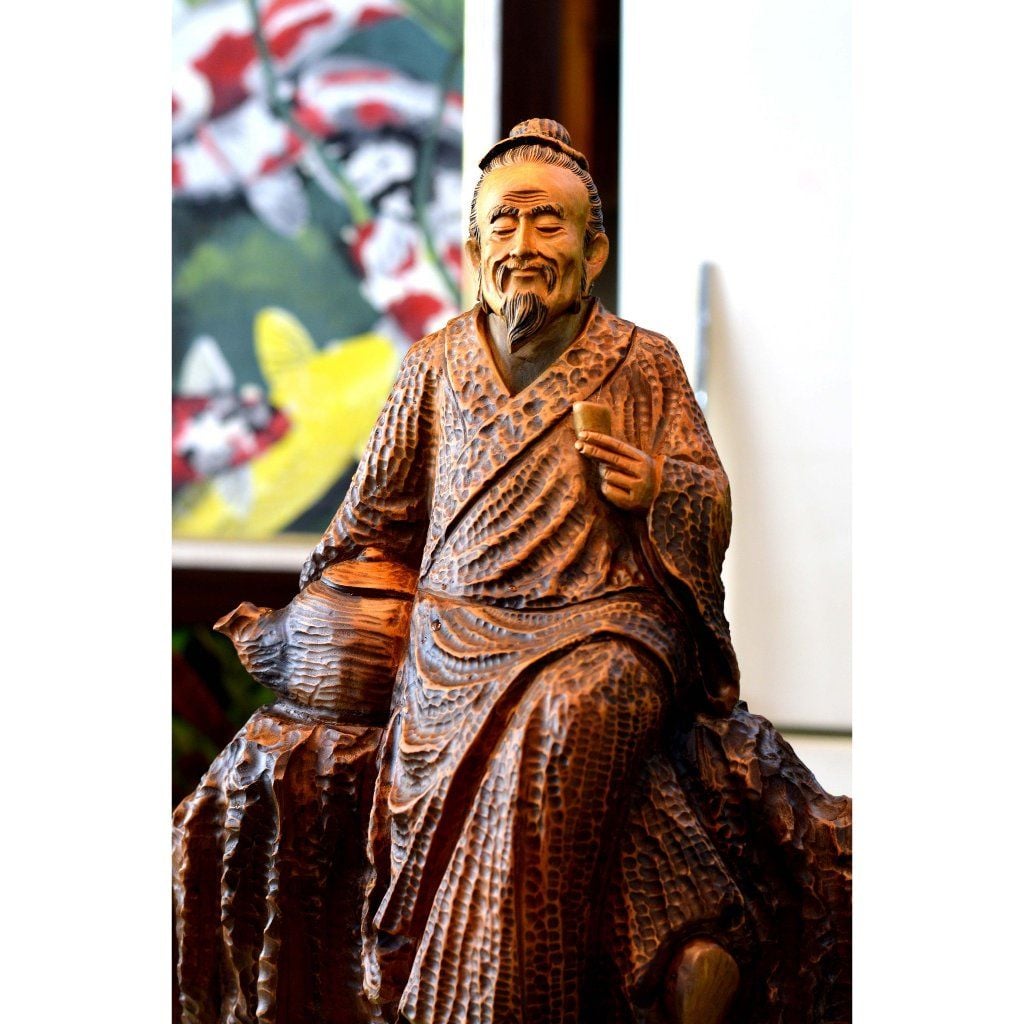  Tượng gỗ thần trà ngồi lũa ấm bách xanh 