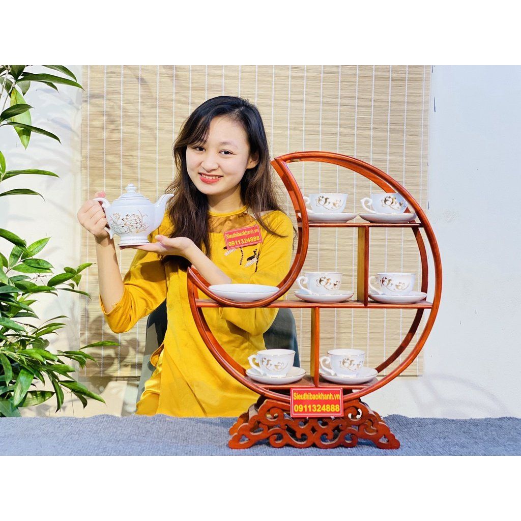  [BÁT TRÀNG CHÍNH HÃNG]-Bộ ấm chén Bát Tràng men trắng vẽ sen 