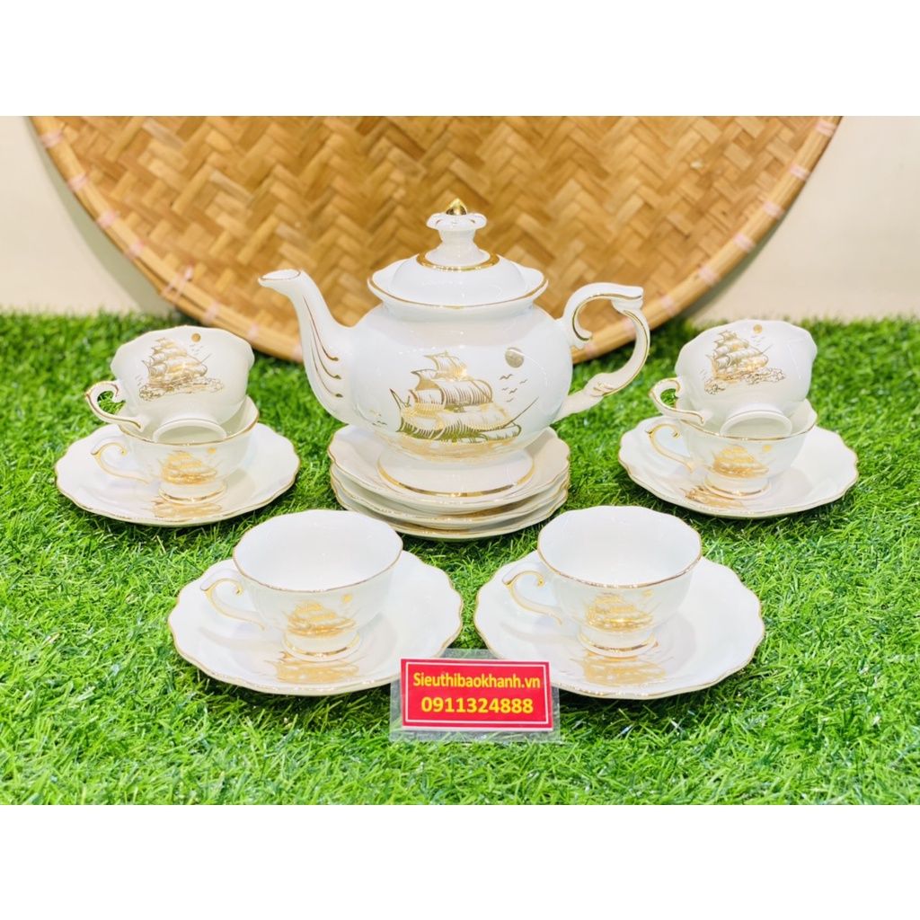  Bộ Ấm Chén,Ấm Trà Đẹp Men Trắng Viền Vàng họa tiết thuận buồm xuôi gió Chính Hãng Bát Tràng 350ml-Siêu Thị Bảo Khánh 