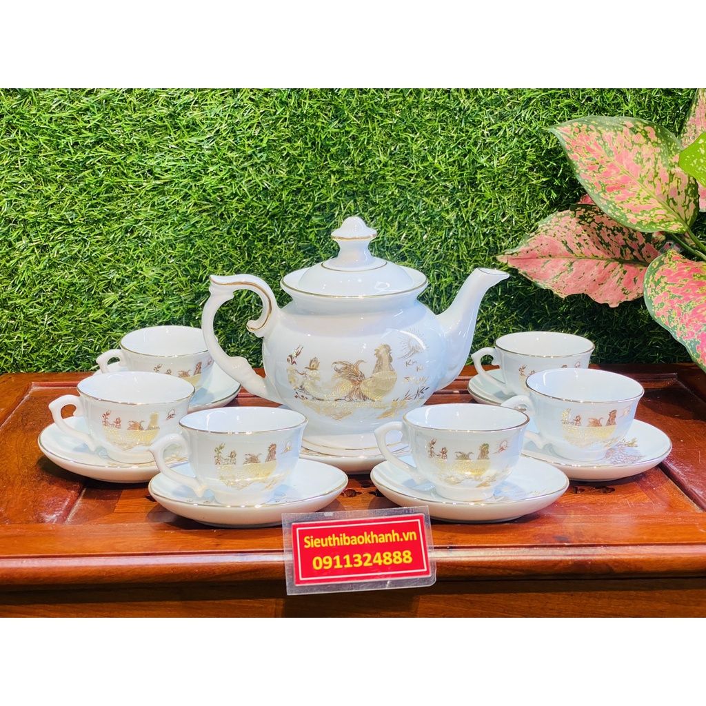  Bộ ấm chén men kem hoa tiết Kim Kê Đại Cát 