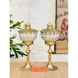  [ĐỒ THỜ CÚNG]-Cặp đèn dầu đồng thân gốm xuất xứ Bát Tràng 25cm 