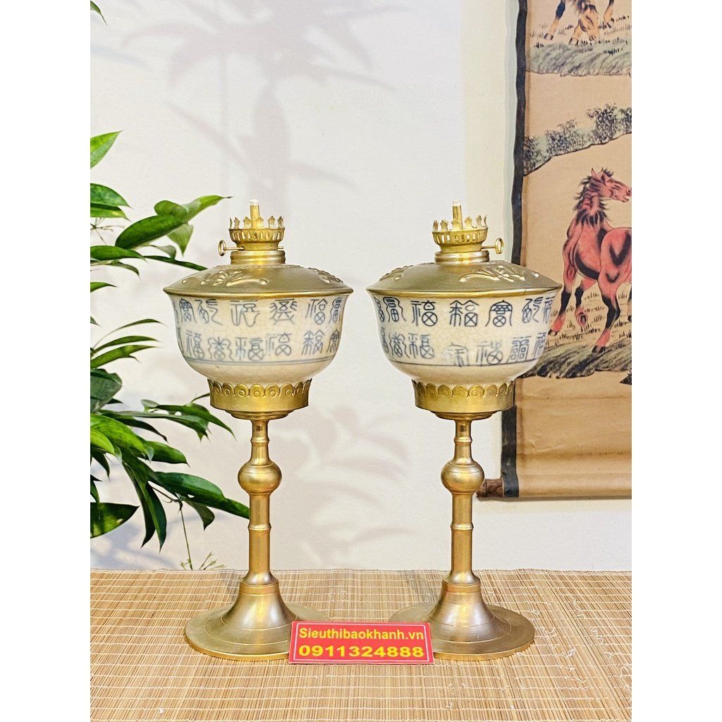  [ĐỒ THỜ CÚNG]-Cặp đèn dầu đồng thân gốm xuất xứ Bát Tràng 25cm 