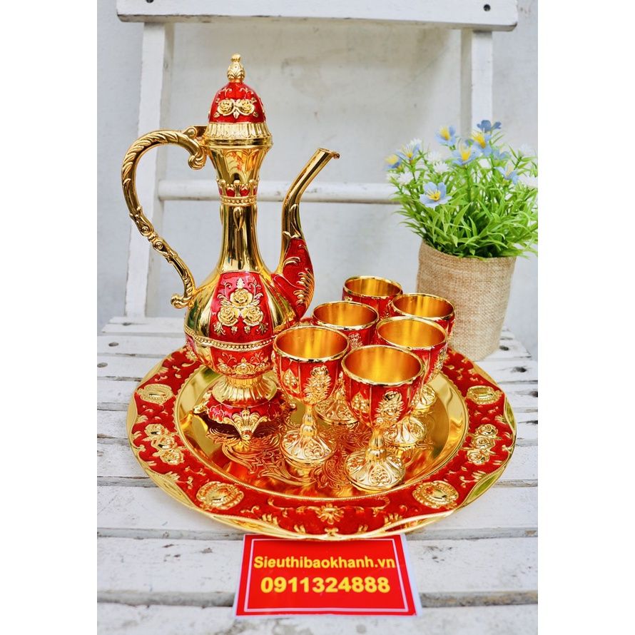  Bộ Ấm Chén Hợp Kim Đồng Dáng Hoàng Gia Đỏ Vàng – Sang Trọng, Quà Biếu Cao Cấp, Trưng Bày & Thờ Cúng BKMEVN-8182 