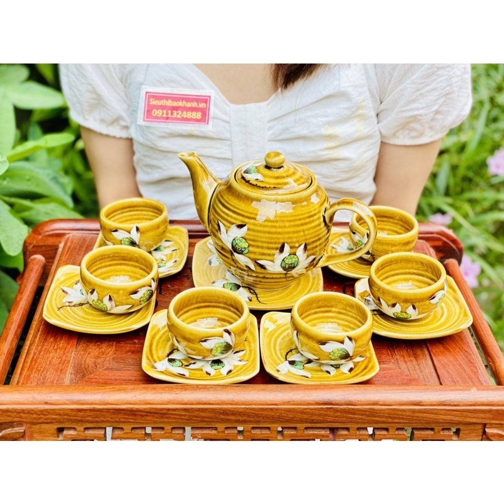  Bộ ấm chén Bát Tràng men họa tiết sen -Ấm chén Bảo Khánh 