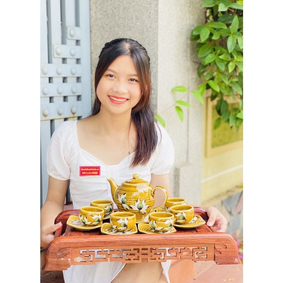 Bộ ấm chén Bát Tràng men họa tiết sen -Ấm chén Bảo Khánh 