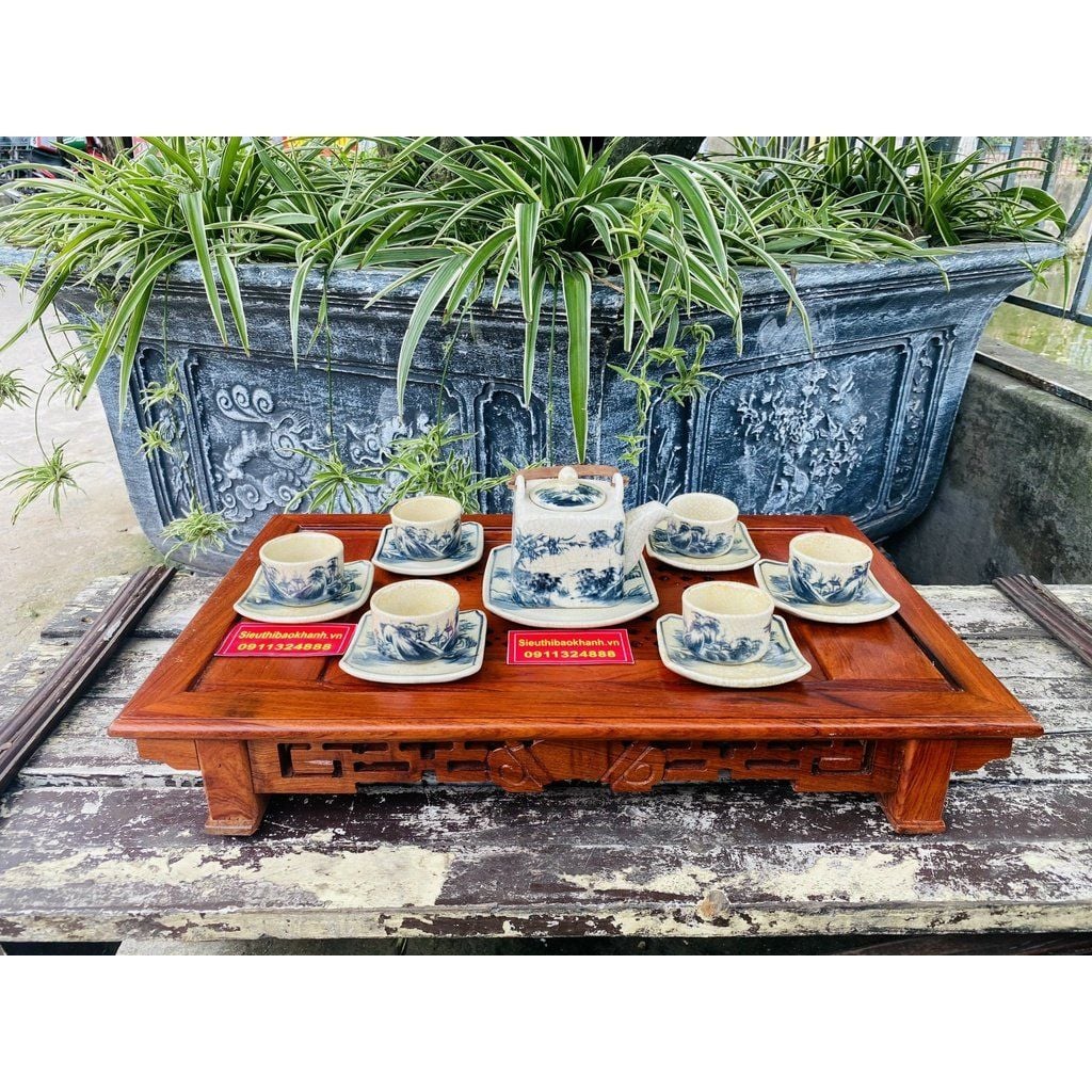  Bộ ấm chén men rạn Bát Tràng dáng vuông họa tiết sơn thủy 350ml 