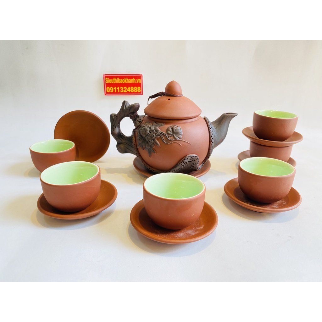  Bộ ấm chén tử sa lòng xanh họa tiết hoa mai 350ml BKCEVN-8207 