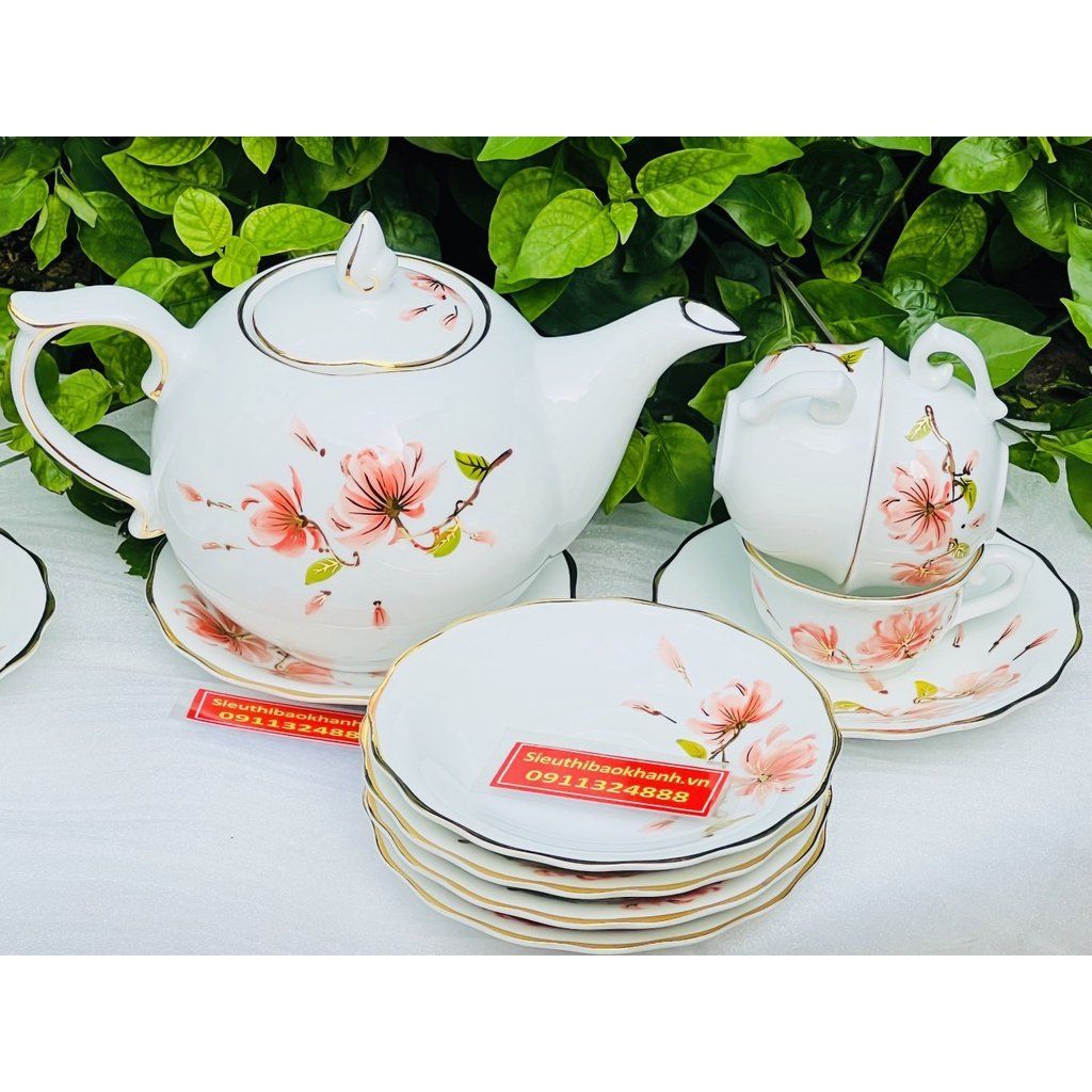  Bộ ấm chén Bát Tràng men trắng hoa tiết hoa 