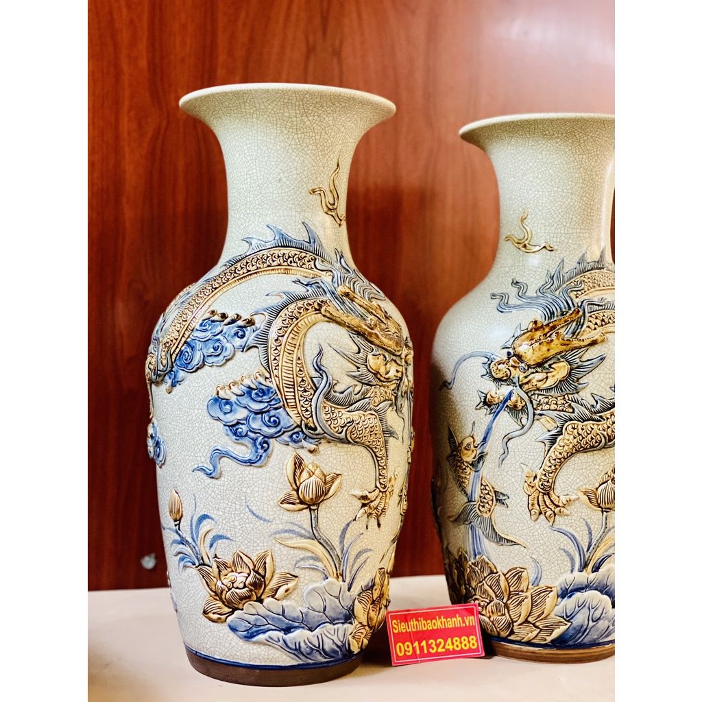  Cặp lục bình Gốm Men Rạn Bát Tràng họa tiết Song Long 50cm 