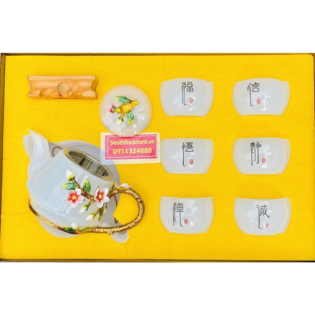 Bộ ấm chén,ấm trà đá ngọc họa tiết hoa đào in nổi 400ml 
