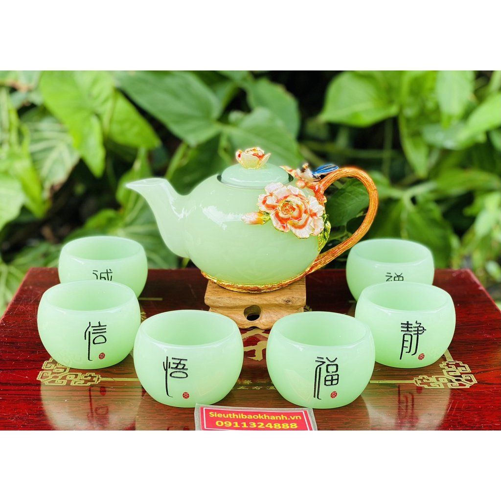  Bộ ấm chén đá xanh ngọc họa tiết in nổi 350m-Bảo Khánh 