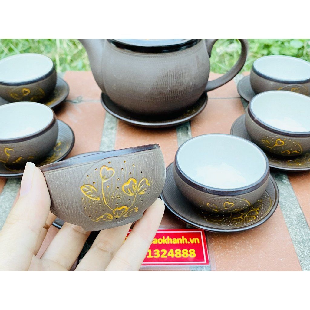  Bộ ấm chén gốm sứ Bát Tràng cao cấp hạo tiết in chìm 