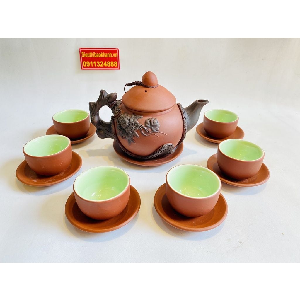  Bộ ấm chén tử sa lòng xanh họa tiết hoa mai 350ml BKCEVN-8207 
