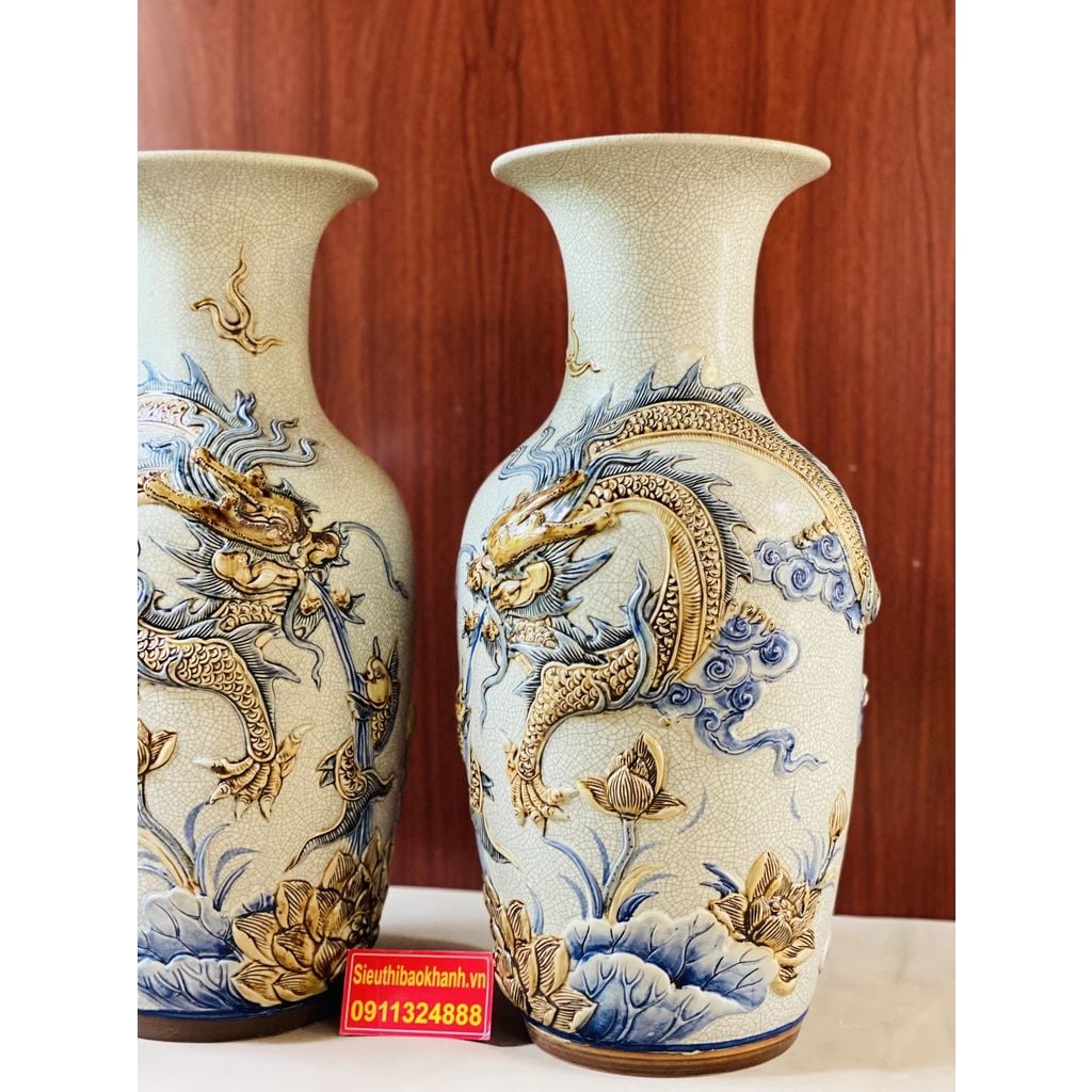  Cặp lục bình Gốm Men Rạn Bát Tràng họa tiết Song Long 50cm 