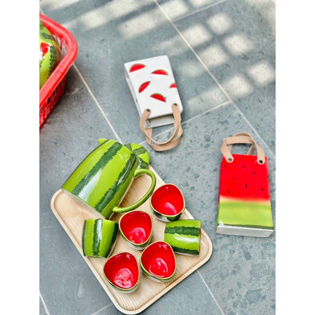  [Siêu Hot] Bộ Bình Trà Dưa Hấu Gốm Sứ Bát Tràng Cao Cấp 