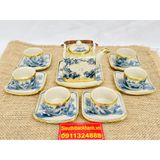  Bộ ấm chén men rạn Bát Tràng dáng vuông họa tiết sơn thủy 350ml 