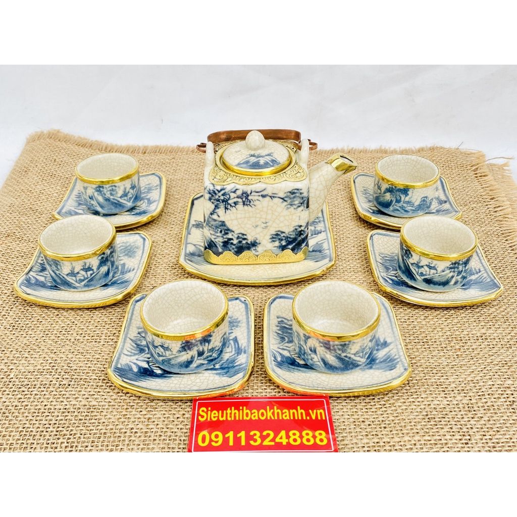  Bộ ấm chén men rạn Bát Tràng dáng vuông họa tiết sơn thủy 350ml 