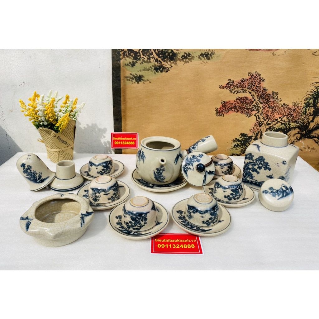  Bộ Ấm Trà Men Rạn Men Lam Vẽ Sơn Thủy Kèm Phụ kiện BKCEVN-8001 