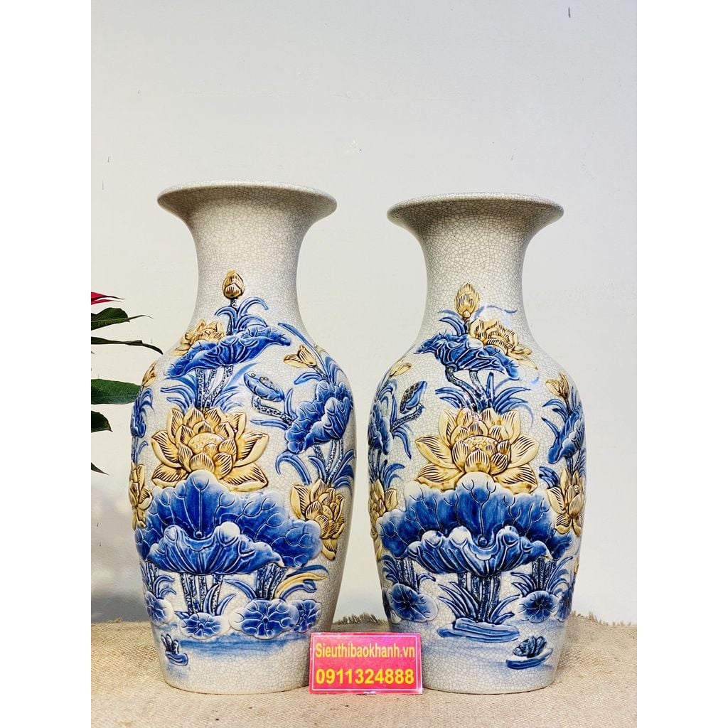  Cặp Bình Hoa Men Lam Chính Hãng Bát Tràng Họa Tiết Hoa Sen Men Rạn 38cm 