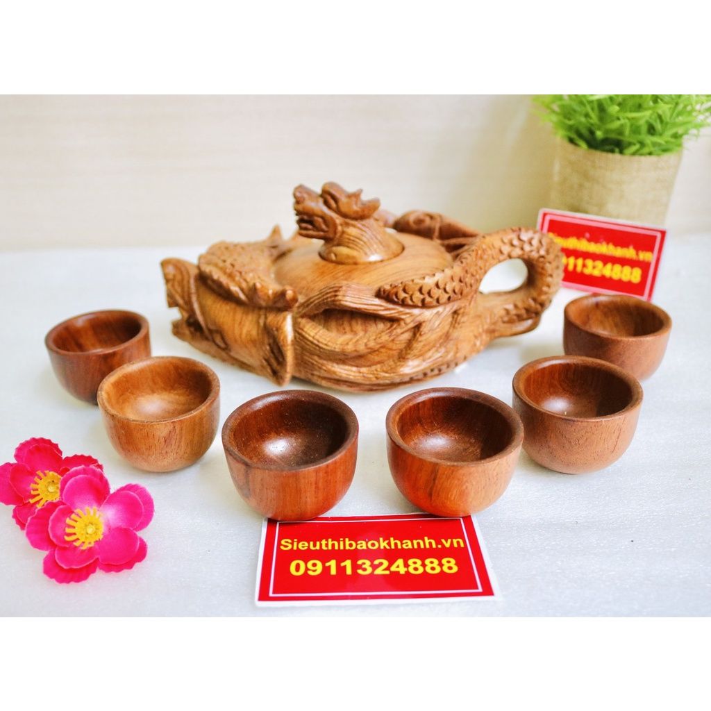  THỦ CÔNG MỸ NGHỆ TẠI XƯỞNG-BỘ ẤM CHÉN GỖ HƯƠNG ĐỤC NGUYÊN KHỐI-BÁT TRÀNG BẢO KHÁNH 