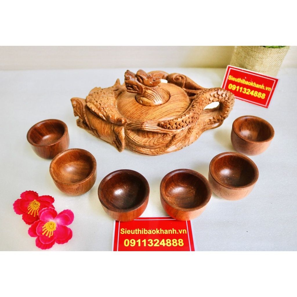  THỦ CÔNG MỸ NGHỆ TẠI XƯỞNG-BỘ ẤM CHÉN GỖ HƯƠNG ĐỤC NGUYÊN KHỐI-BÁT TRÀNG BẢO KHÁNH 