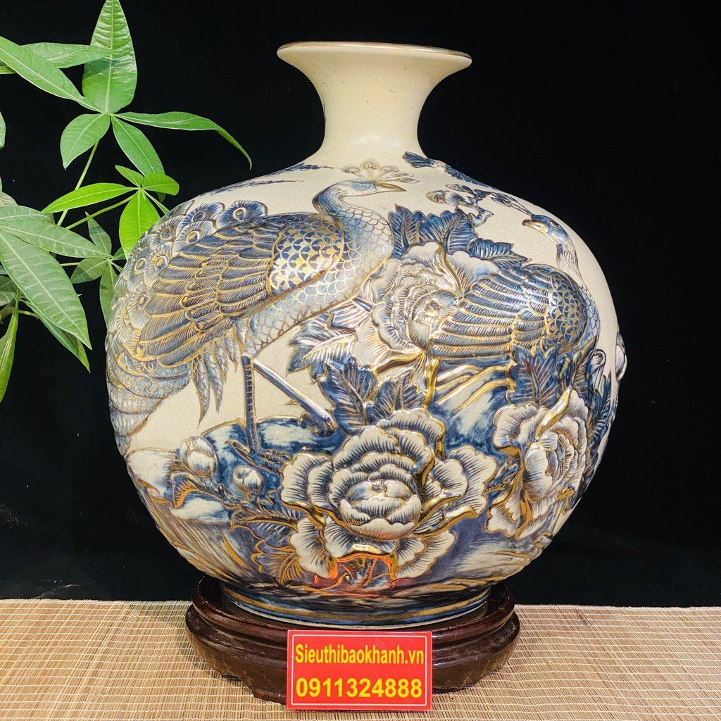  [HÀNG NGHỆ NHÂN]-Bình Hút Lộc men rạn công đào 35cm-mỹ nghệ bảo khánh 