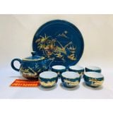  Bộ ấm chén Bát Tràng men xanh vẽ vàng phong cảnh BKCEVN-8107 