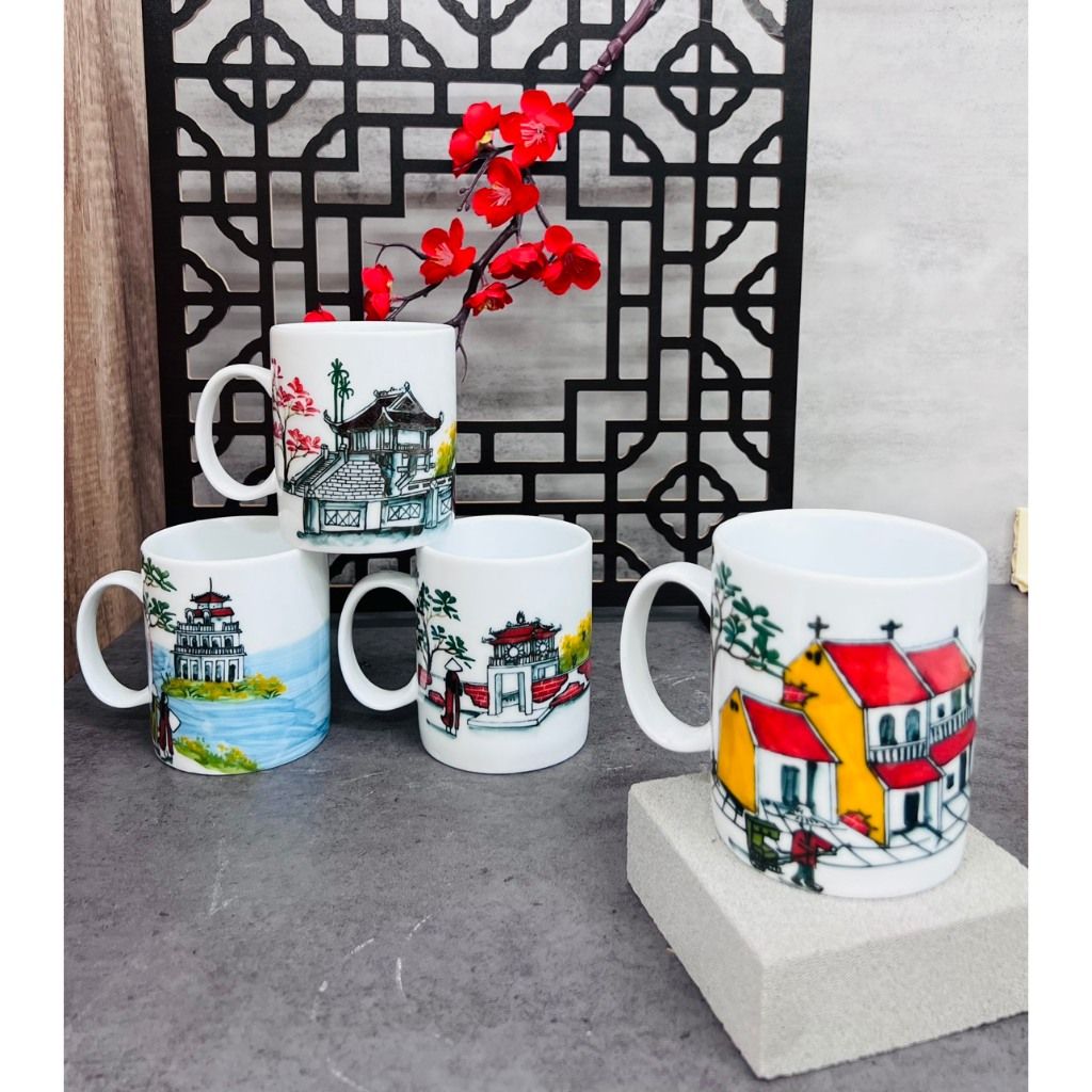  [Gốm Sứ Bát Tràng] Cốc vẽ tay hình phong cảnh Hà Nội Dáng C siêu đẹp 