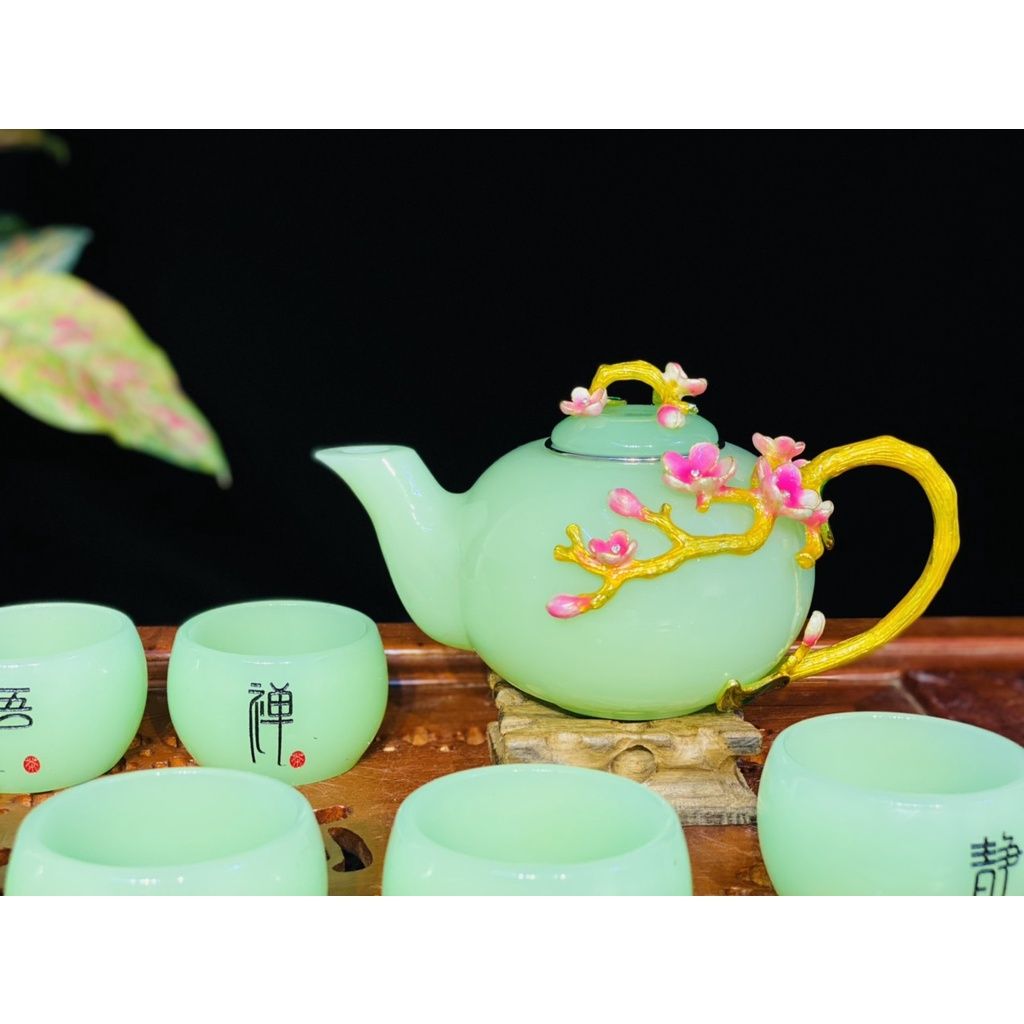  Bộ ấm chén đá xanh ngọc họa tiết Hoa Mai in nổi 350ml BKCEVN-8021 