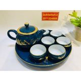  Bộ ấm chén Bát Tràng men xanh vẽ vàng phong cảnh BKCEVN-8107 