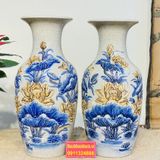  Cặp Bình Hoa Men Lam Chính Hãng Bát Tràng Họa Tiết Hoa Sen Men Rạn 38cm 