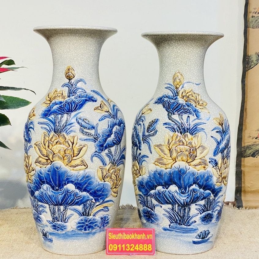  Cặp Bình Hoa Men Lam Chính Hãng Bát Tràng Họa Tiết Hoa Sen Men Rạn 38cm 