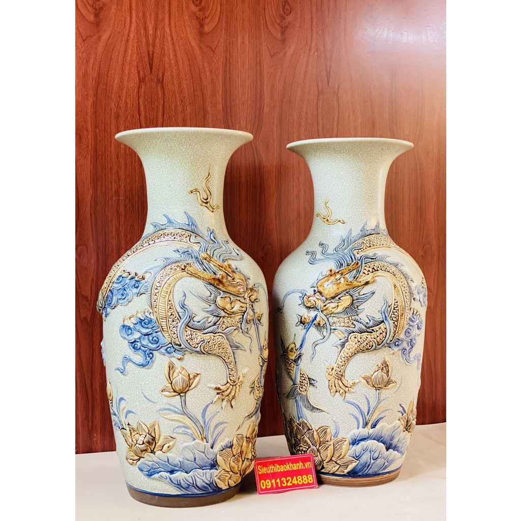  Cặp lục bình Gốm Men Rạn Bát Tràng họa tiết Song Long 50cm 
