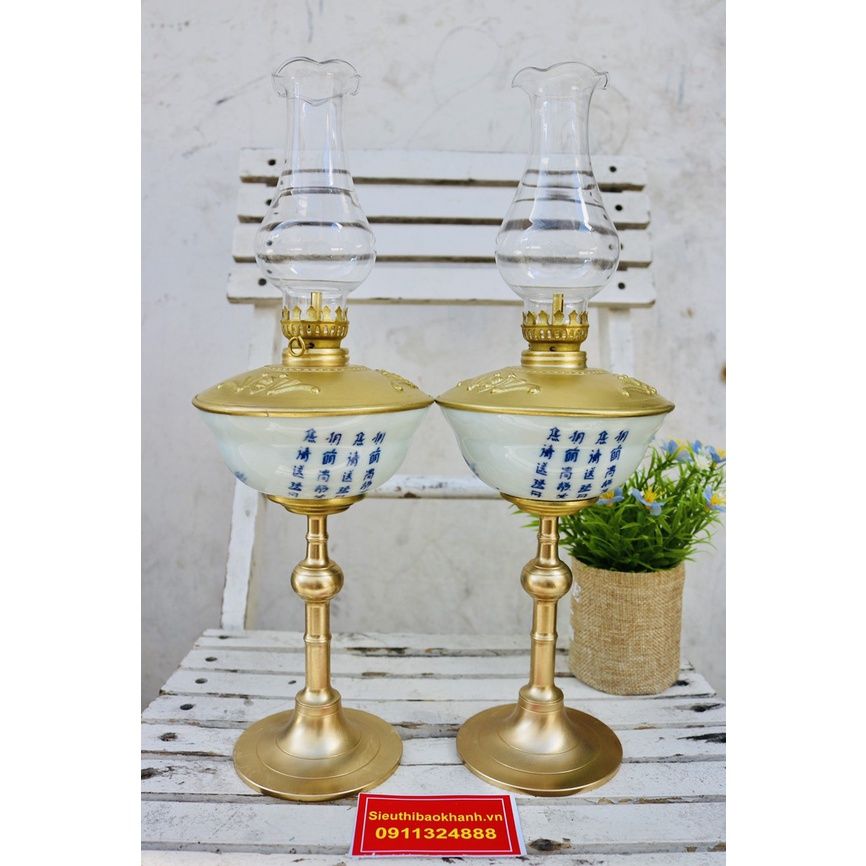  cặp đèn đầu đồng thân gốm xuất xứ Bát Tràng 25cm 