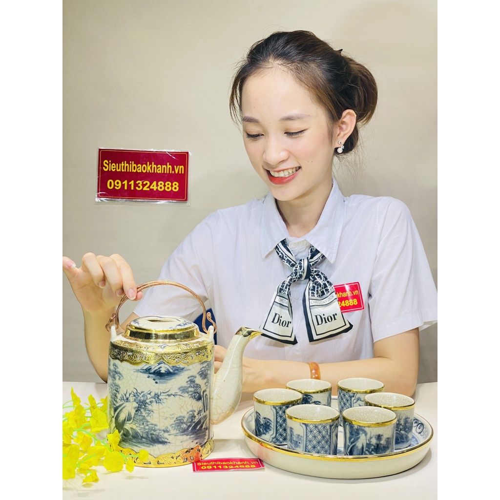  [BÁT TRÀNG CHÍNH HÃNG]-Bộ tích men rạn bọc đồng họa tiết sơn thủy-Bát Tràng Bảo Khánh 