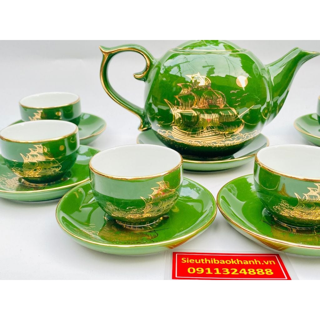 Bộ ấm chén ngọc lục bảo gốm sứ Bát Tràng vẽ vàng BKCEVN-8084 