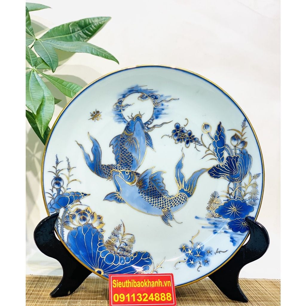  [BÁT TRÀNG CHÍNH HÃNG]-Đĩa Cảnh Men Lam Họa Tiết Lí Ngư-Mỹ Nghệ Bảo Khánh-Đĩa Trang Trí 35cm. 