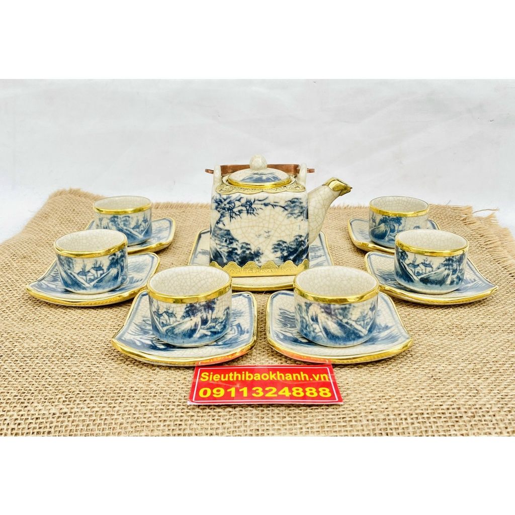  Bộ ấm chén men rạn Bát Tràng dáng vuông họa tiết sơn thủy 350ml 