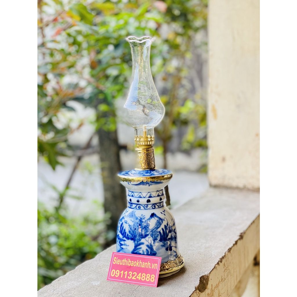  [ĐỒ THỜ CÚNG]-Cặp đèn dầu đồng thân gốm xuất xứ Bát Tràng 25cm 