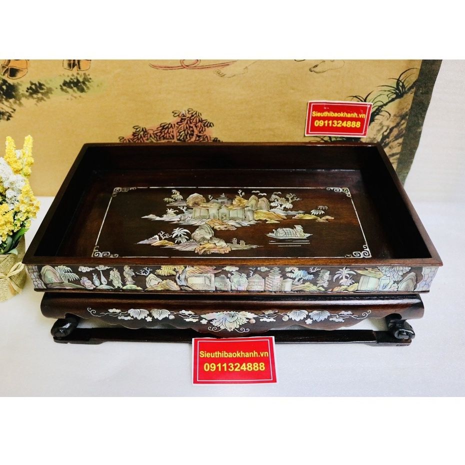  [NGHỆ THUẬT TRÀ ĐẠO]-Khay Trà Gụ Chân Quỳ Khảm Trai 34cm-Mỹ Nghệ Bảo Khánh 