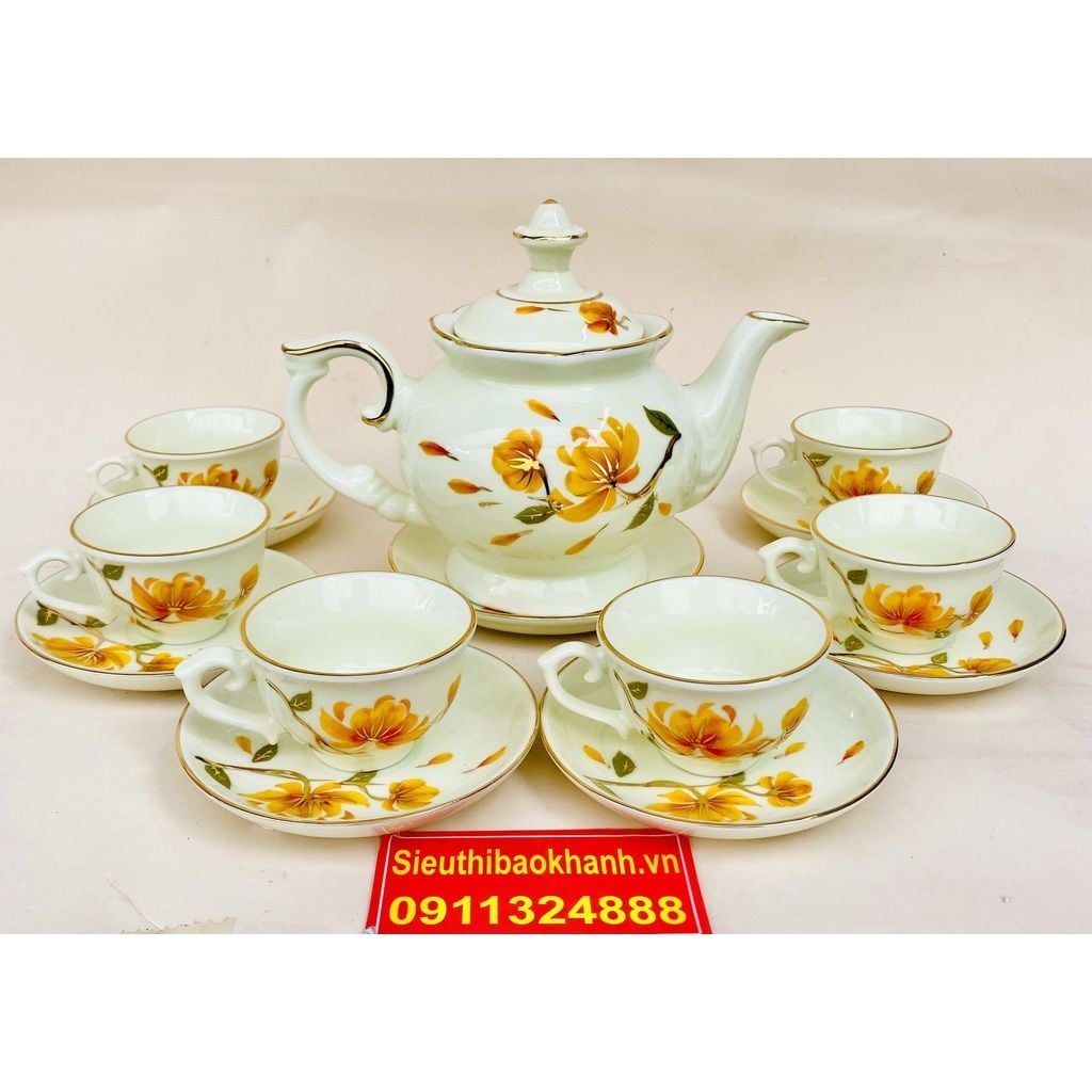  Bộ ấm chén men kem họa tiết Hoa Sen Bát Tràng 350ml 