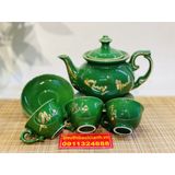  Bộ ấm chén màu xanh men ngọc họa tiết Phúc Lộc Thọ vẽ vàng Bát Tràng BKCEVN-8031 