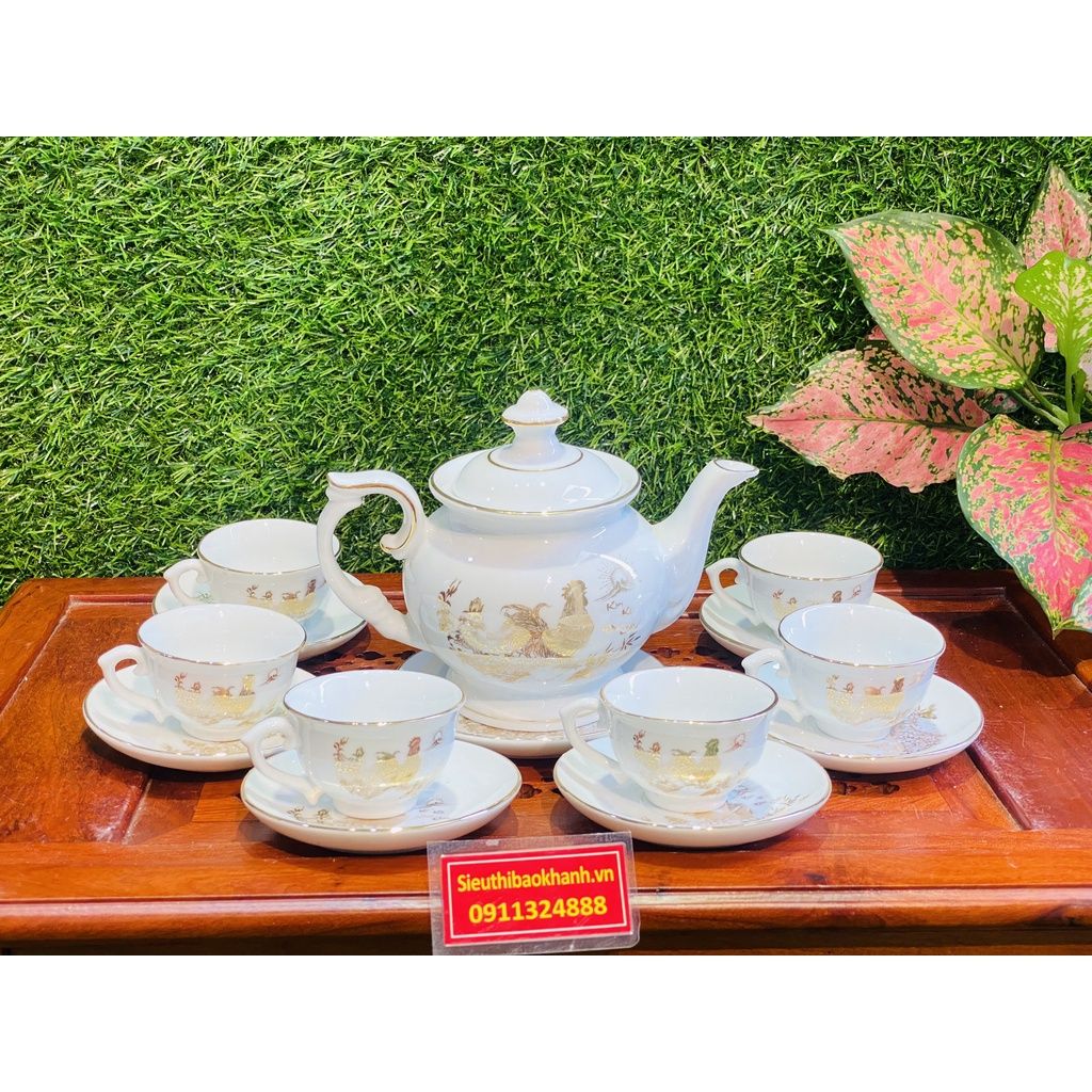  Bộ ấm chén men kem hoa tiết Kim Kê Đại Cát 