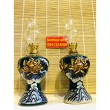  [ĐỒ THỜ CÚNG]-Cặp đèn dầu đồng thân gốm xuất xứ Bát Tràng họa tiết đắp nổi hoa sen-26cm- Bát Tràng Bảo Khánh 