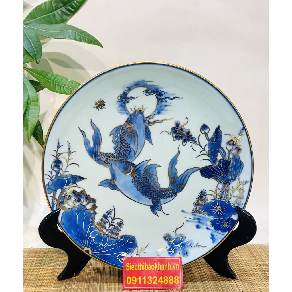  [BÁT TRÀNG CHÍNH HÃNG]-Đĩa Cảnh Men Lam Họa Tiết Lí Ngư-Mỹ Nghệ Bảo Khánh-Đĩa Trang Trí 35cm. 