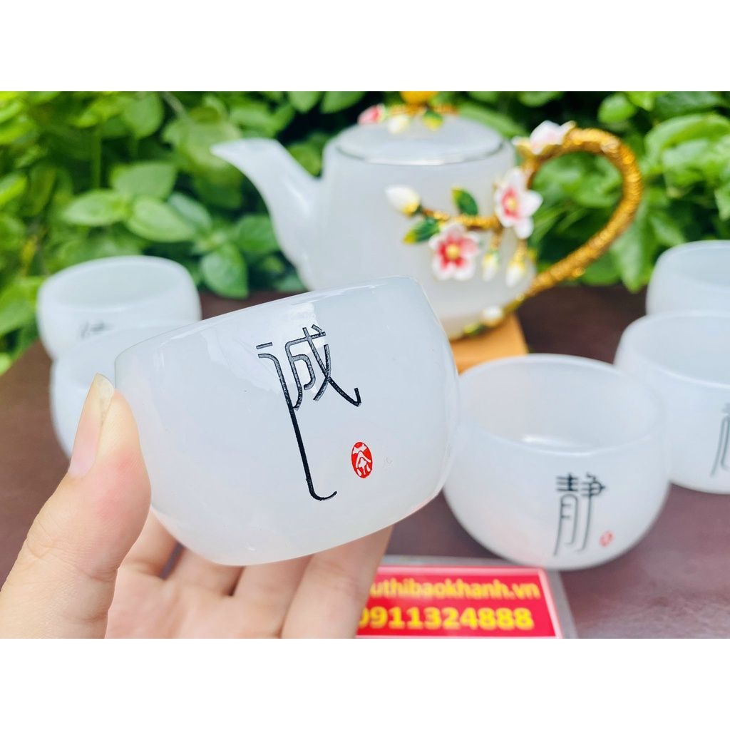 Bộ ấm chén,ấm trà đá ngọc họa tiết hoa đào in nổi 400ml 
