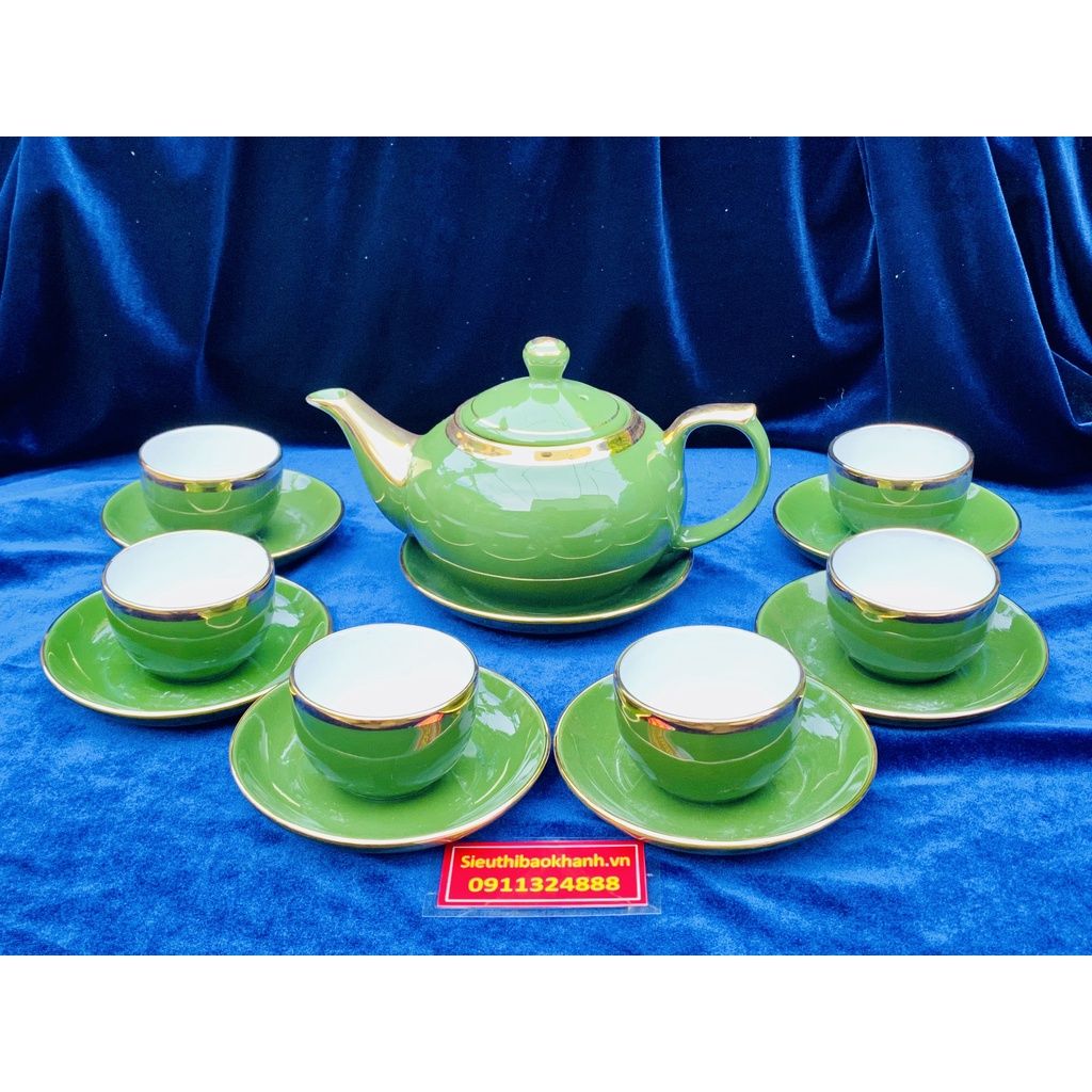  Bộ ấm chén men ngọc màu xanh viền vàng 
